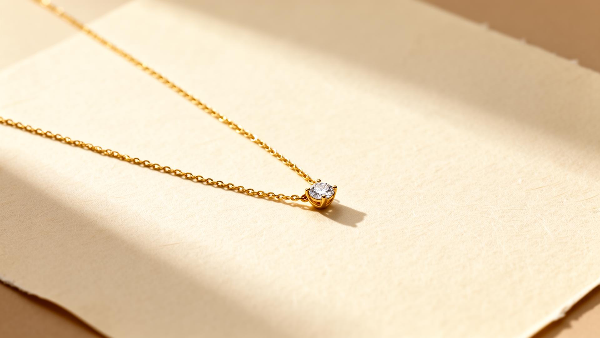 A delicate gold chain necklace on warm paper